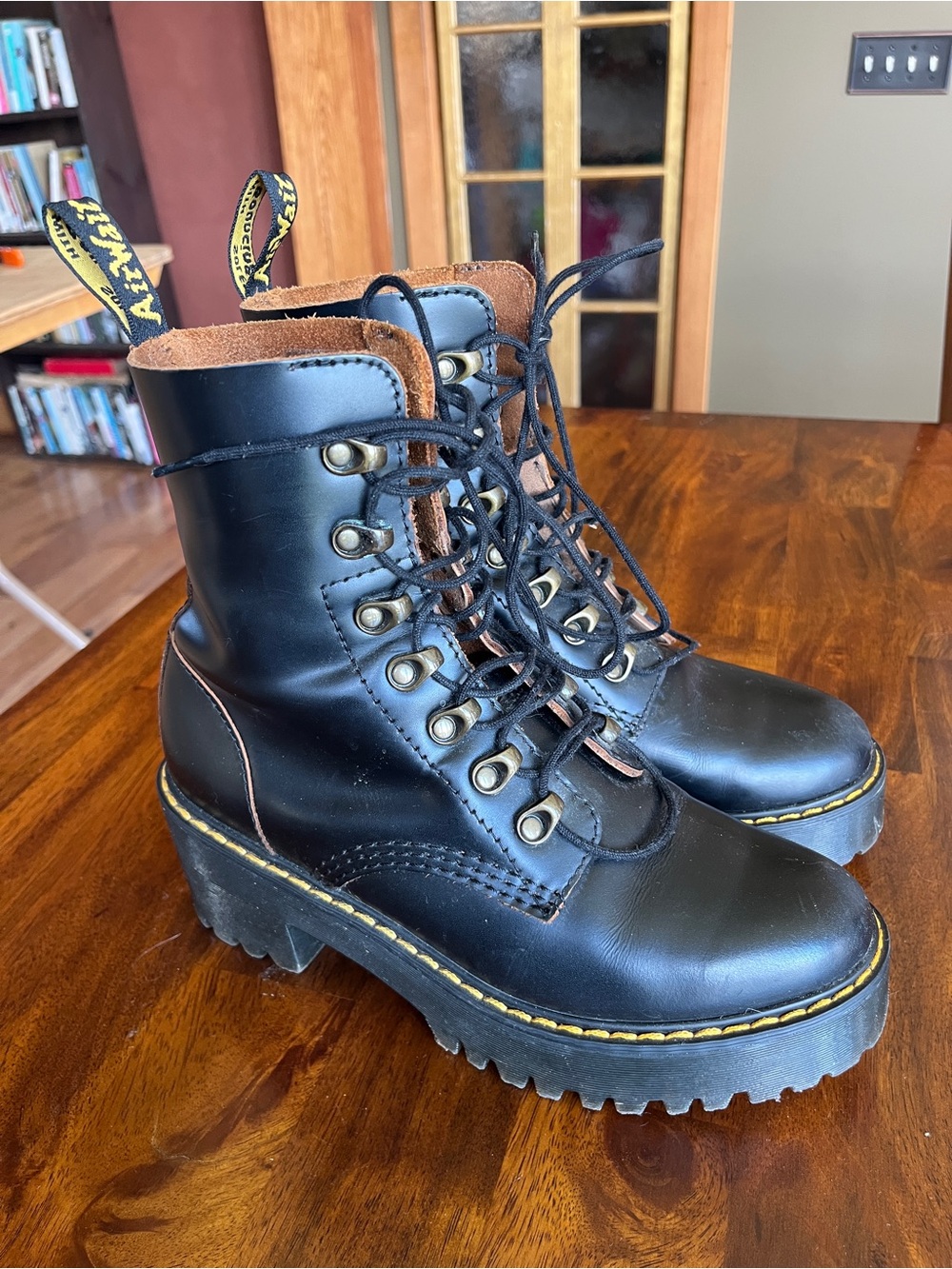 Dr. Martens Black Platform Lace-Up Combat Boots with Yellow Stitching